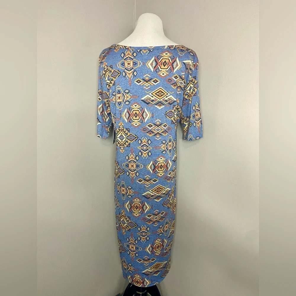 LuLaRoe Julia Dress Blue with Multicolored Aztec Pattern Midi Form Fitting - Picture 5 of 7